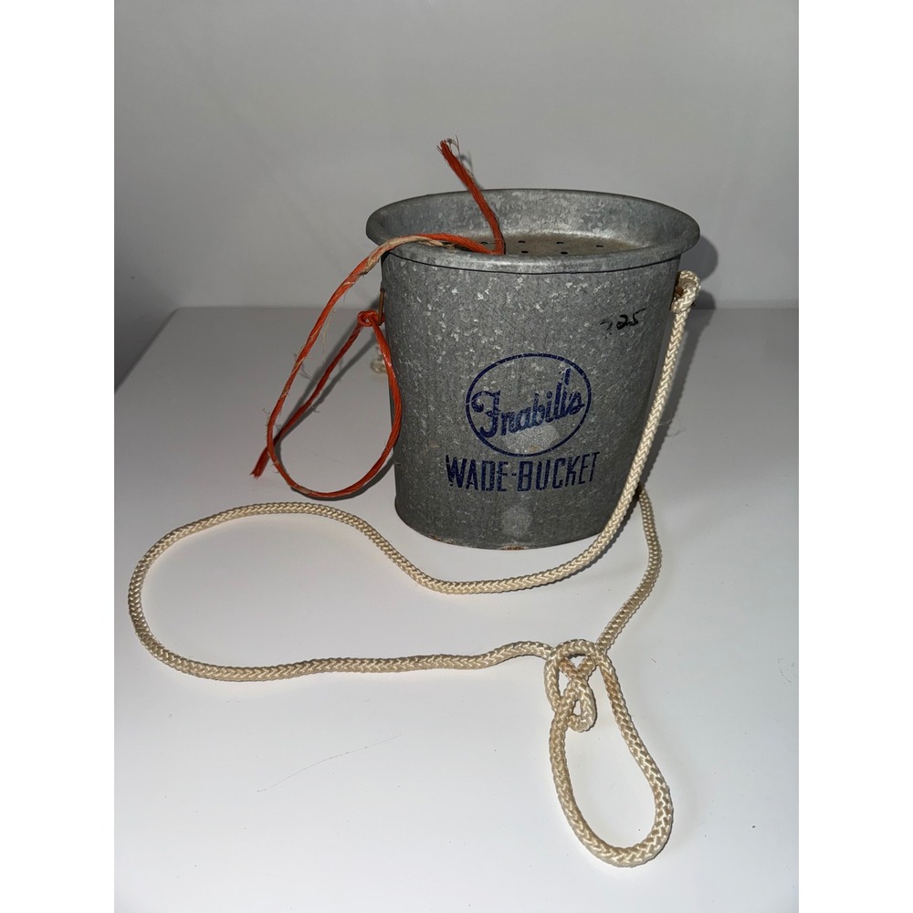 Vintage Frabill's Wade-Bucket Galvanized Metal Bait Bucket with Rope Strap